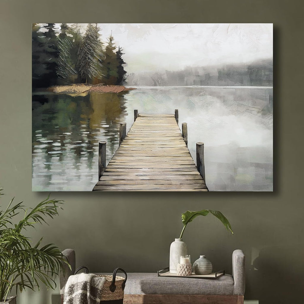 Nature Landscape Large Wall Art Canvas Picture,Horizontal Dock Forest Artwork Decor,Modern Hand Painted Textured Lake