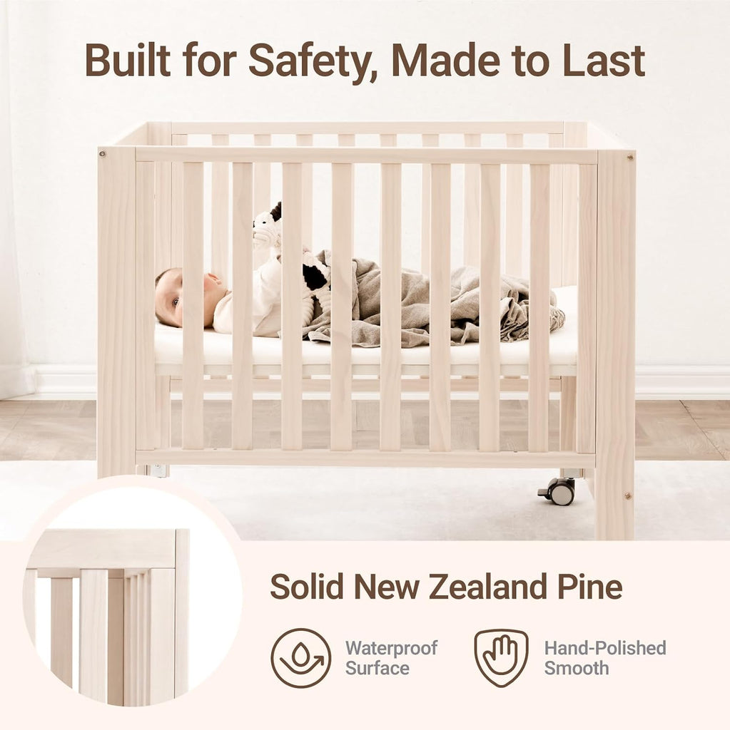 EvoNest 6-in-1 Convertible Baby Mini Crib with Wheels | GREENGUARD Gold Certified, New Zealand Pine Wood, 4