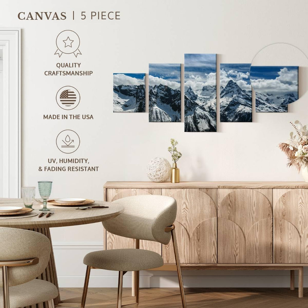 Rocky Mountains Wall Art Multi Piece Canvas - 5 Panel Nature Wall Decor - Snowy Scenery of the Pine Forest and