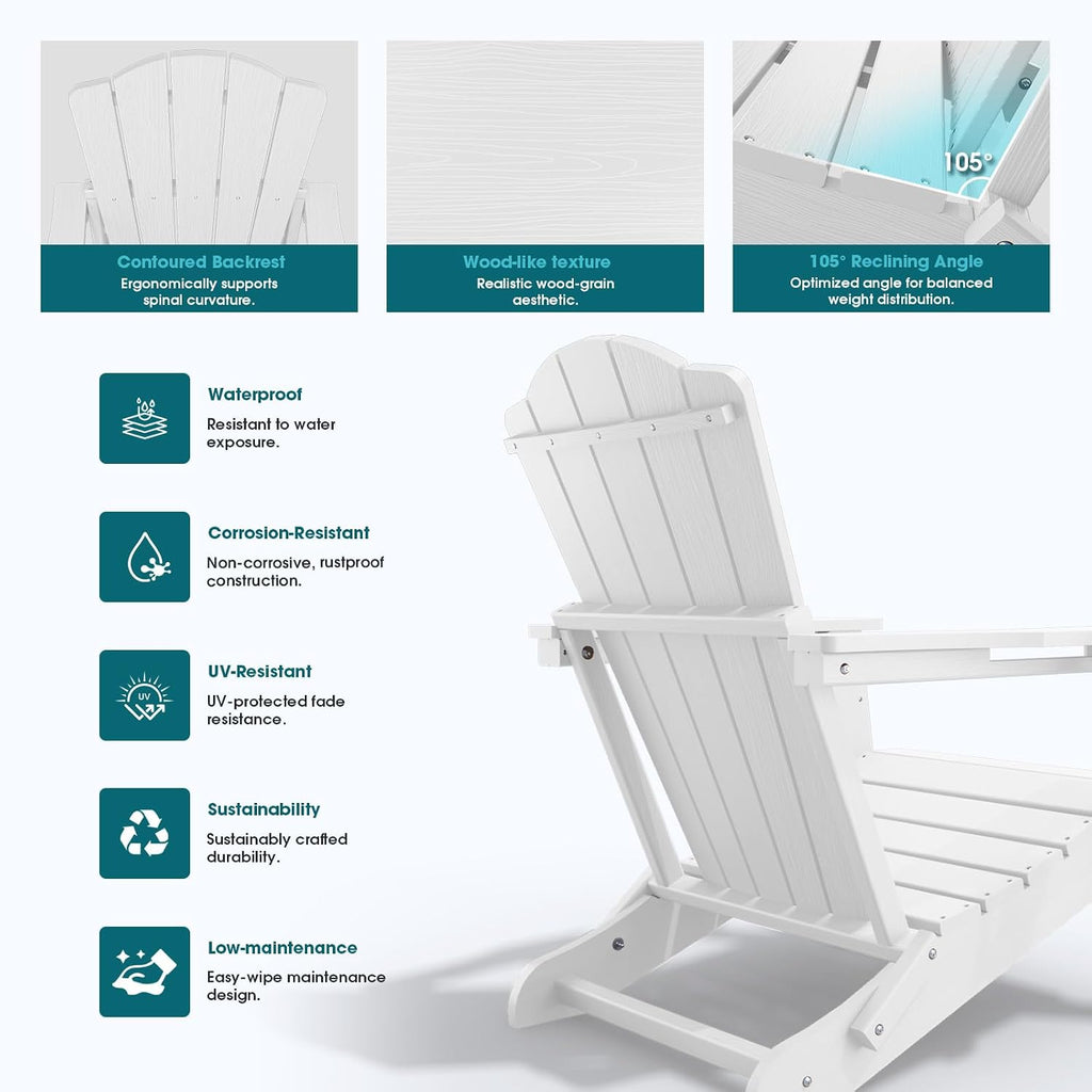 Folding Adirondack Chair Set of 2, HDPE Outdoor Chairs, Patio Chairs | All-Weather Fire Pit Chair Set of 2, with Cup