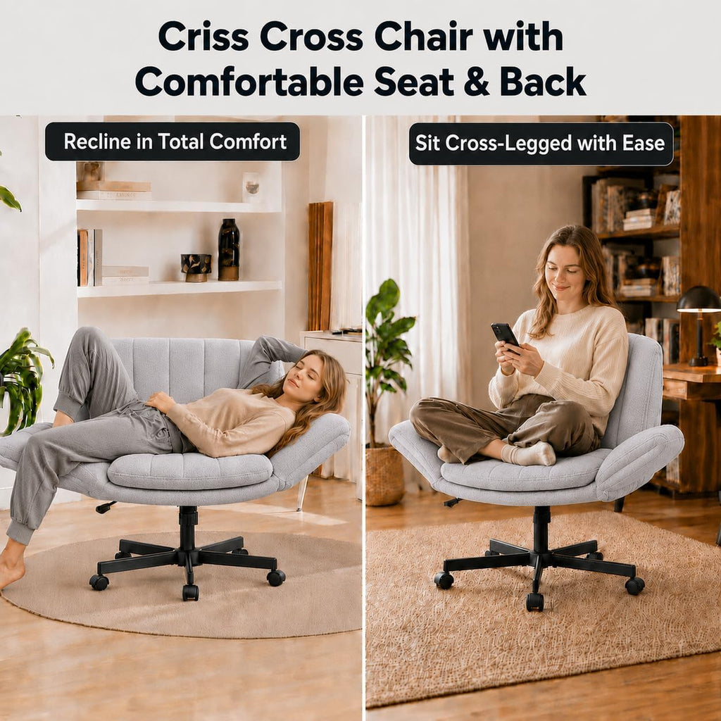 Criss Cross with Wheels and Arms, Vanity Chair with Back, Comfy Swivel Cross Legged Office Chairs for Ultimate