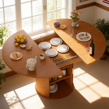 Extendable Round Dining Table: 47″ - 63″ Kitchen Table for 4 6 8 with Dust-Proof 2-Tier Storage Shelf Space Saving