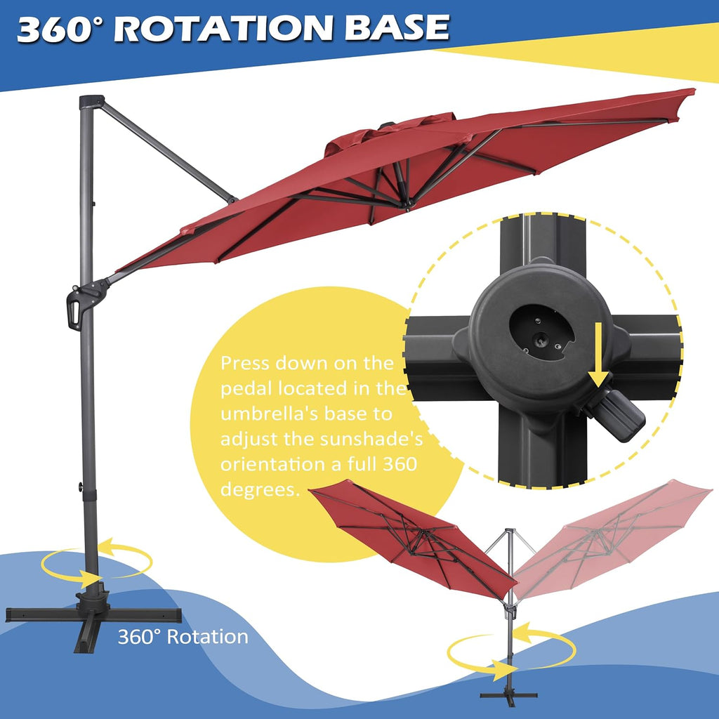 10Ft Cantilever Patio Umbrella, 360° Rotation & Integrated Tilting System Offset Umbrella with 8 Sturdy Ribs - Red