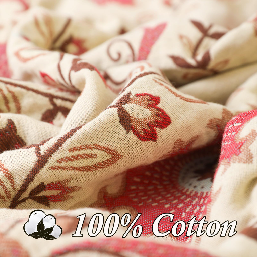Boho Throw Blanket for Bed - 100% Cotton Ultra Soft Rustic Quilt - Pink Boho Floral Printed Farmhouse Decor Bed