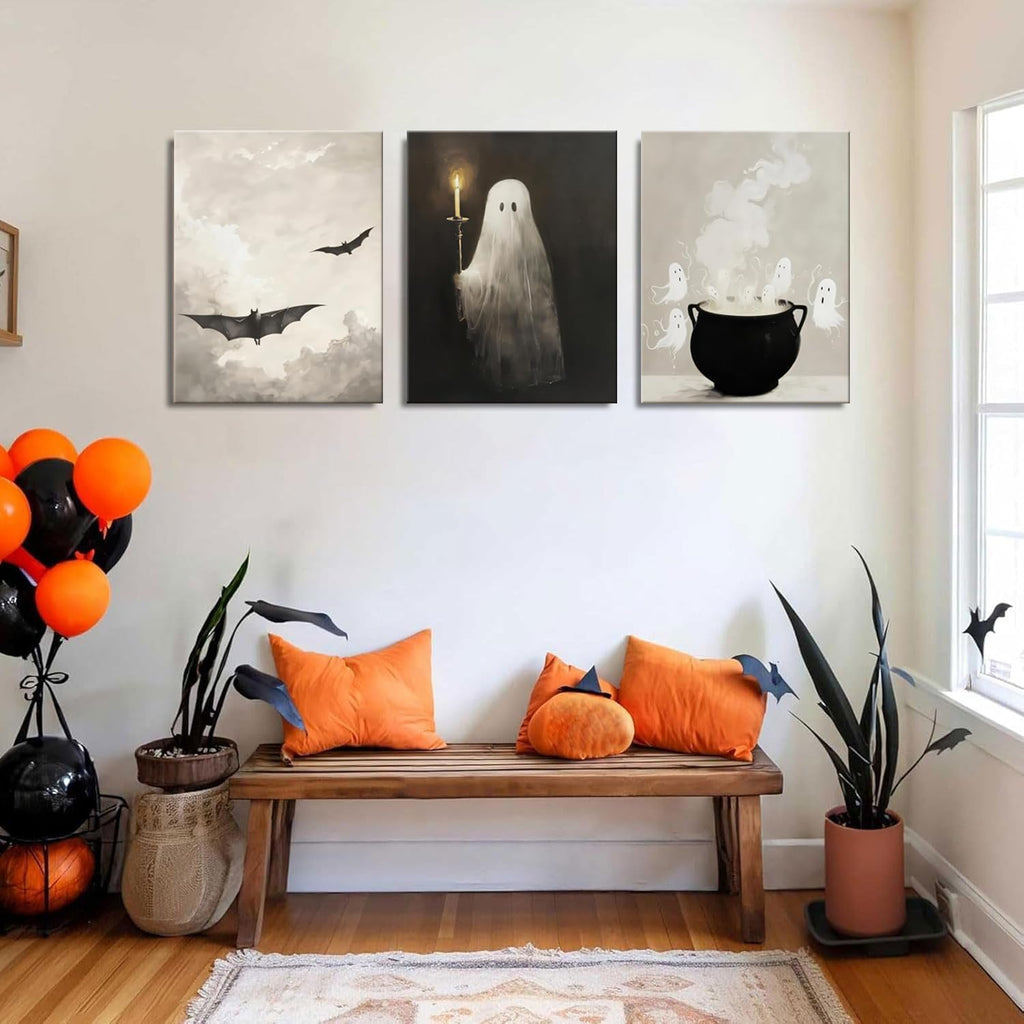 Fall Halloween Wall Art Set of 3, Vintage Halloween Ghosts Canvas Painting Wall Decor, Ghost Bat Funny Spooky Gothic