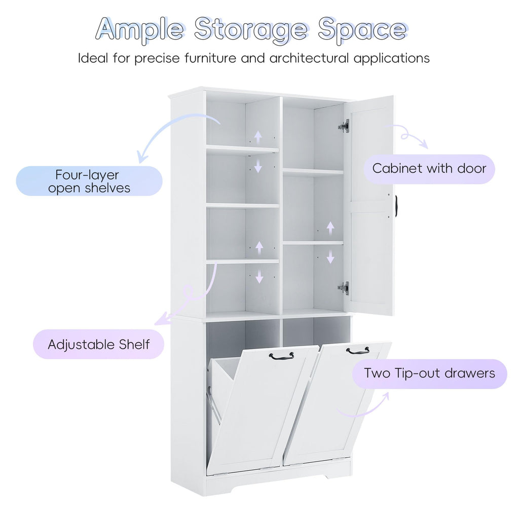 Cabinet with Tilt-Out Laundry Hamper Basket, Tall Bathroom Storage Organizer Linen with Open Shelf, Freestanding