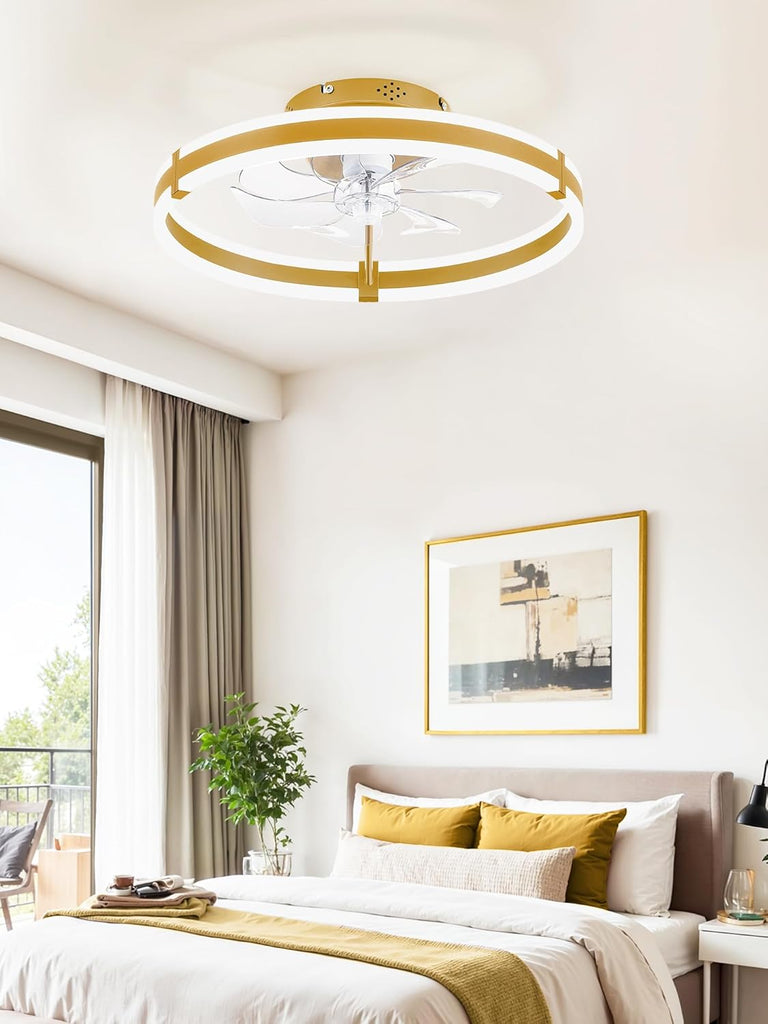 Ceiling Fans with Lights and Remote, 19.7'' Low Profile Ceiling Fan, 3000-6000K Dimmable Modern Flush Mount LED Fan Light, 6 Wind Speeds, Gold Fandelier Ceiling Fans for Bedroom