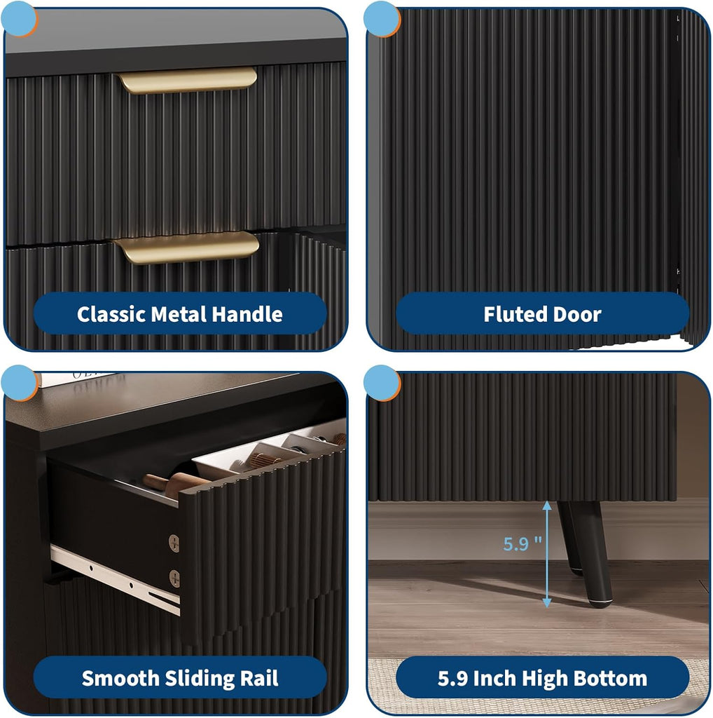 47 Inch Sideboard Buffet Cabinet, Wood Storage Cabinet with 3 Fluted Doors, Adjustable Shelves and 2 Drawers, Coffee