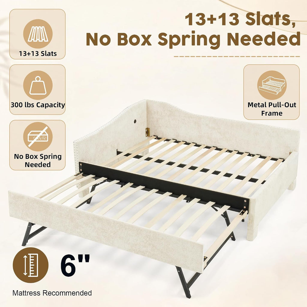 Full Daybed with Pop Up Trundle, Full Size Day Bed Frame, USB Port, Beige | Chenille L-Shaped Corner Bed Frame