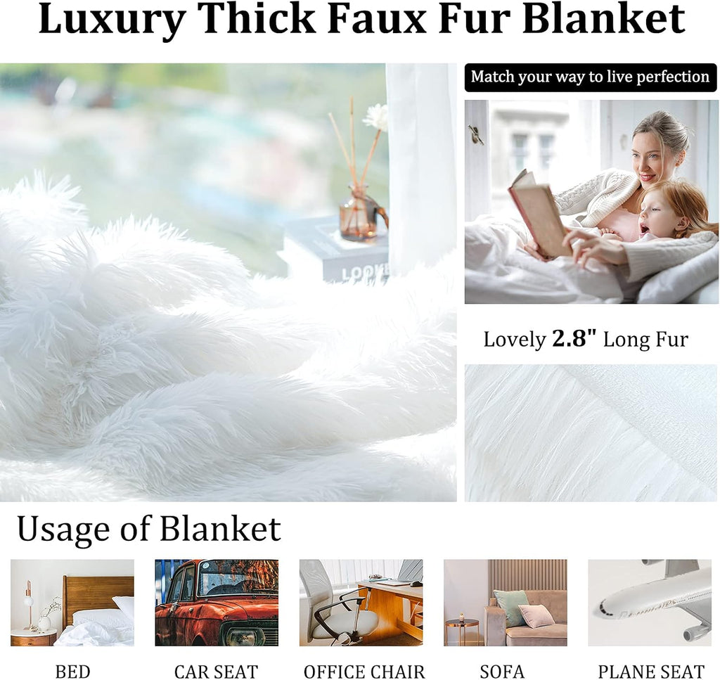 Extra 2.8" Long Hair Fluffy Faux Fur Throw Blanket 50" x 60", Luxury Soft Decorative Fuzzy Furry Blankets, Cozy Plush