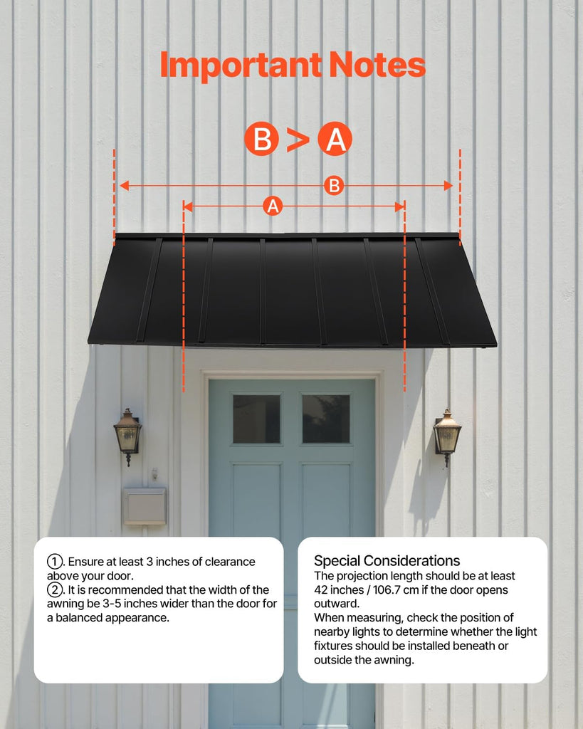 Fixed Metal Awning 80 x 36 in, Window Awning Door Canopy, Stable Triangle Steel Frame Exterior Awnings Rain, and Snow