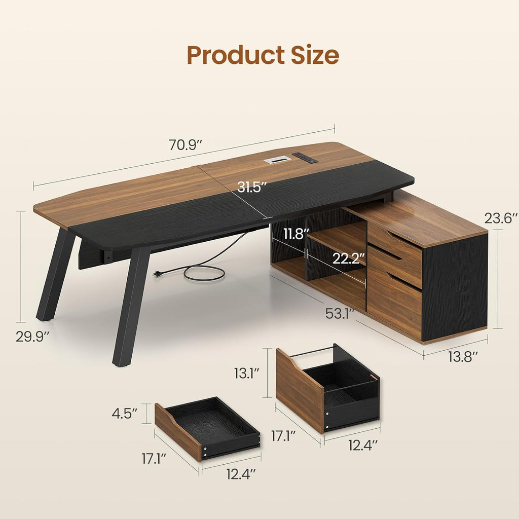 71" Executive Desk with File Cabinet, Large Office Desk with Drawers and Shelves