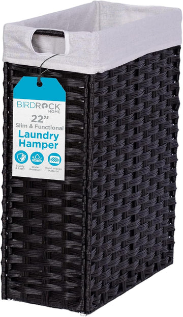 Slim Laundry Hamper with Removable Liner Bag | Brown | Hand Woven | Compact Collapsible Clothes Basket | Synthetic PE