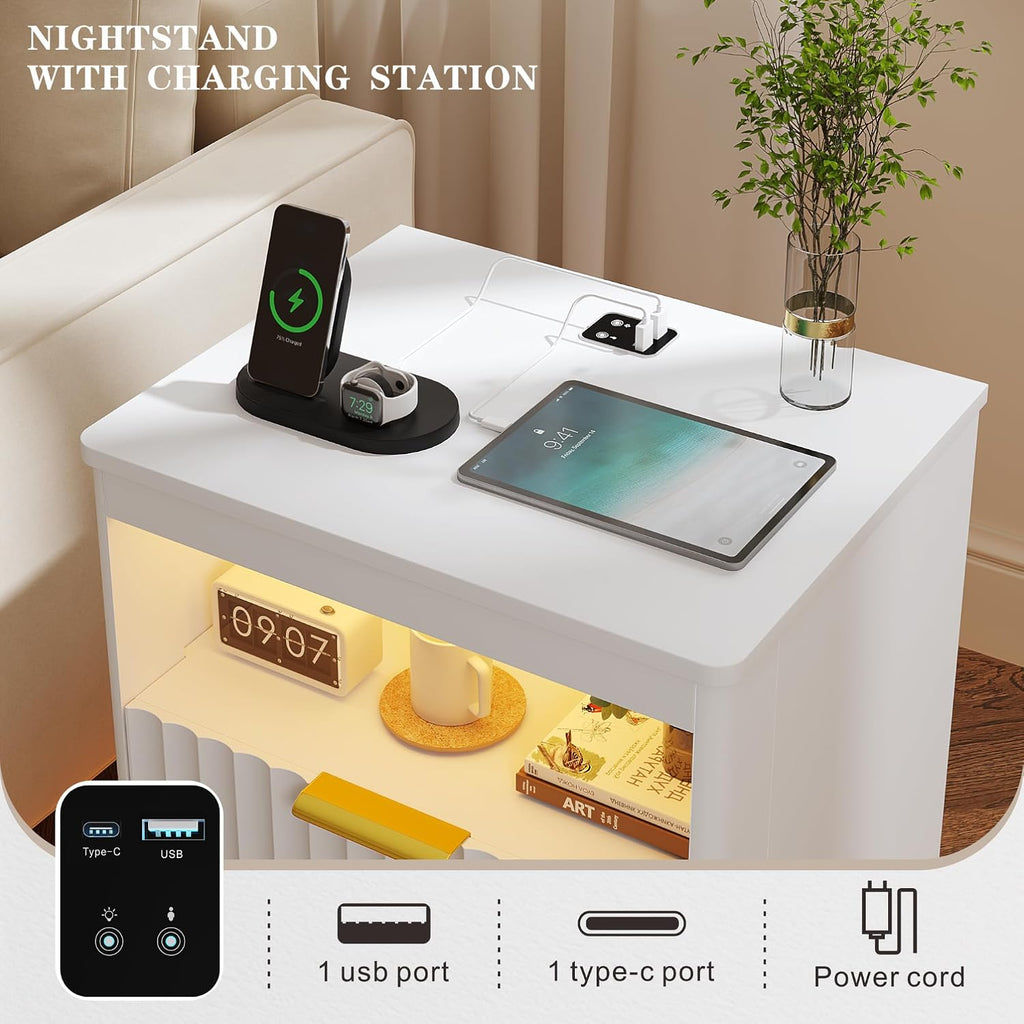 Nightstand Set 2 with LED Light & Charging Station, White | 2 Drawers, Open storage space, Smart Bedside Table, Human