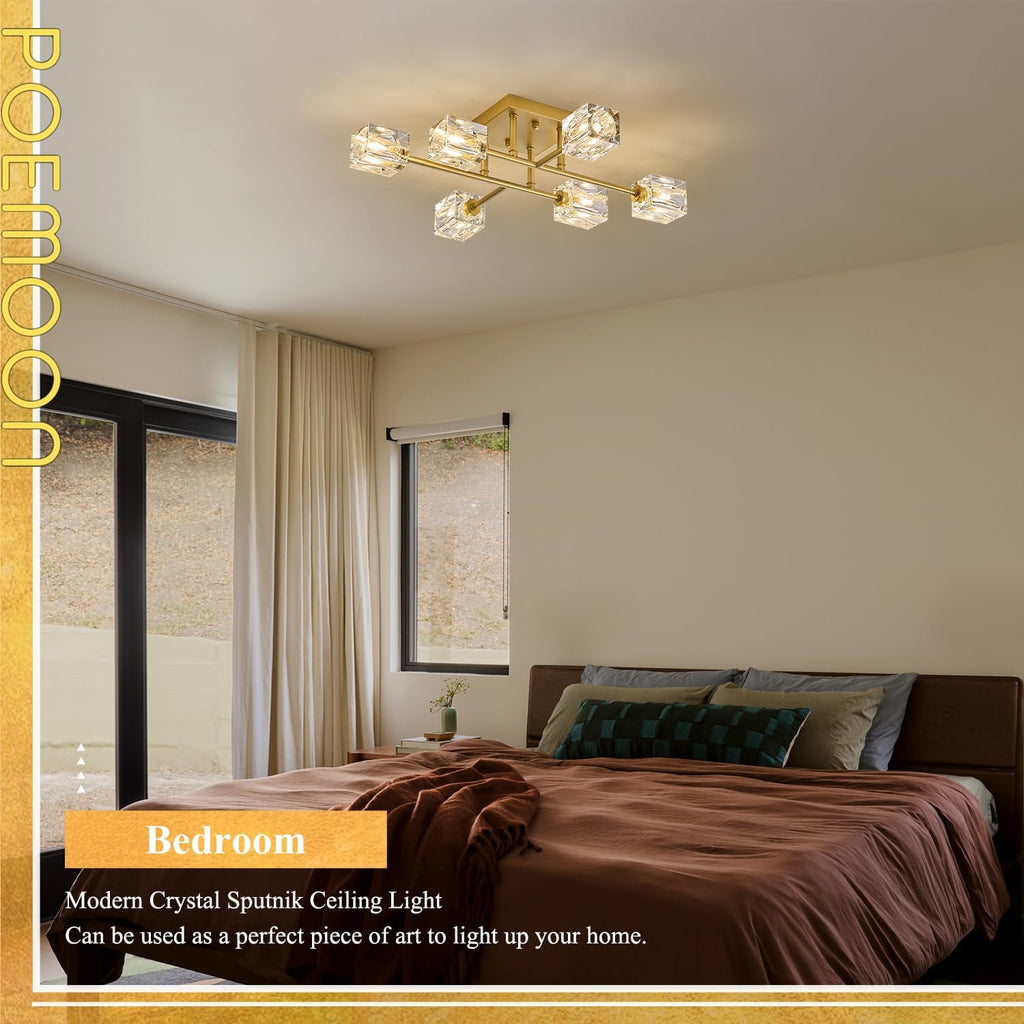 24" Gold 6-Light Luxury Semi Flush Mount Ceiling Light Modern K9 Crystal Kitchen Island Sputnik Chandelier for Dining