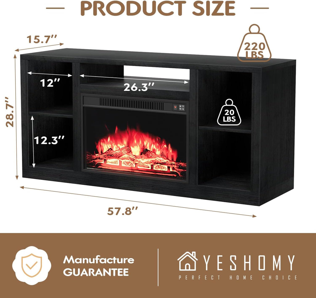 Electric Fireplace TV Stand for Televisions up to 65+ Inch, Media Entertainment Center Console Table with Four Open