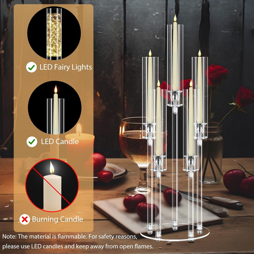 2 Sets 5 Arms Acrylic Candelabra Centerpieces for Tables,Clear Candle Holder,27" Tall Candlestick Holders with
