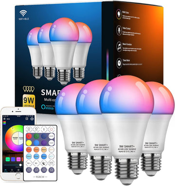 Smart Light Bulbs, WiFi & Bluetooth 5.0, Work with Alexa Google Assistant, App Control, Color Changing LED Bulb,E26 (4Pack)