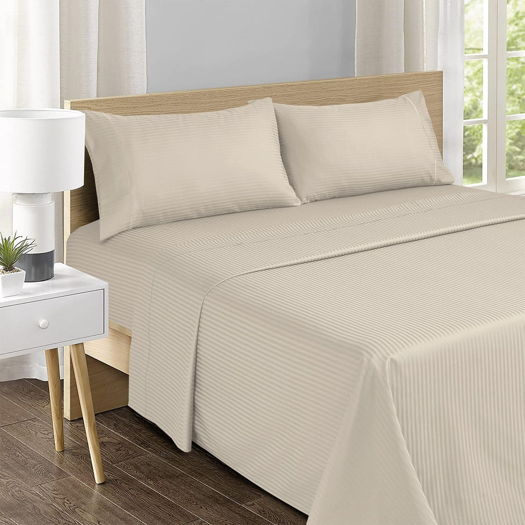 Stitch 500 TC Damask Bed Sheet Set, 100% Cotton Soft Breathable Bedsheets, 4 Piece 18" Deep Pockets