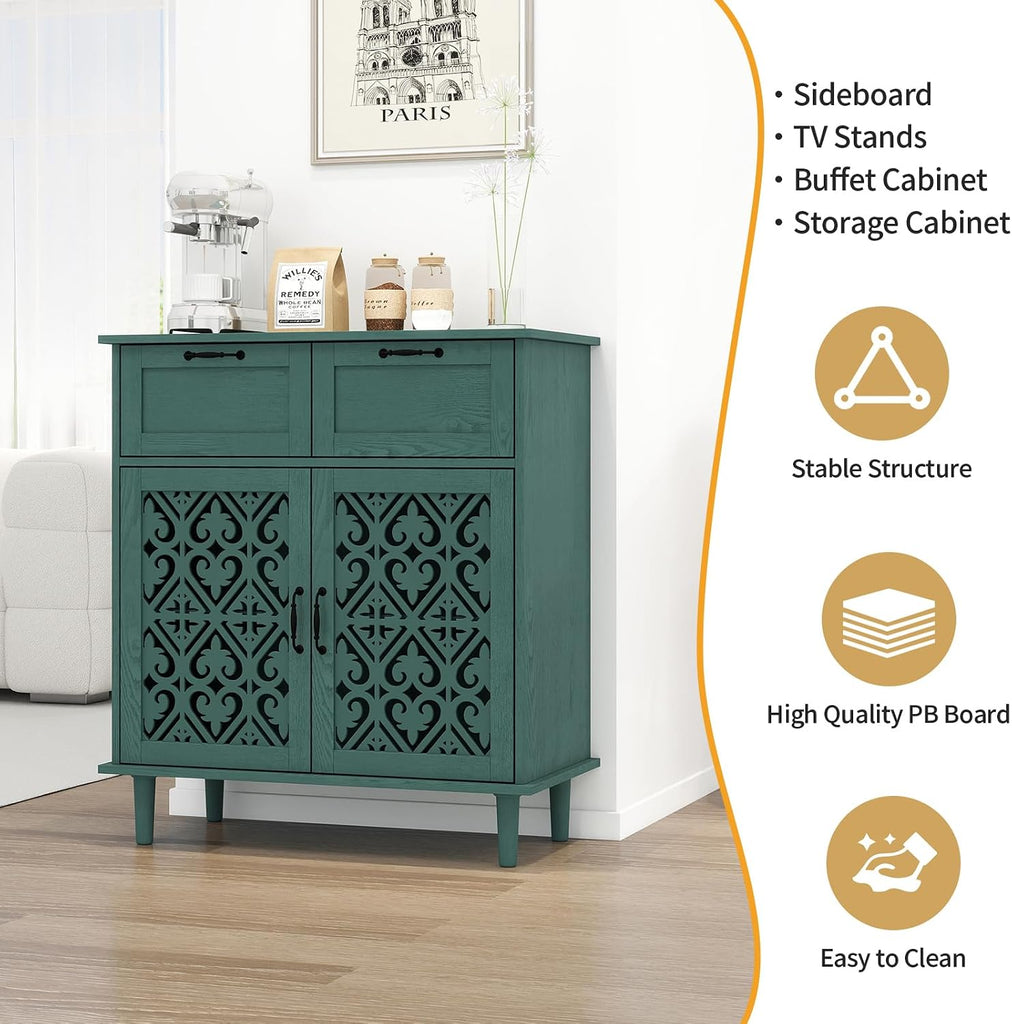 Kitchen Storage Cabinet with Drawers - Accent Cabinet with Carved Door, Floor Sideboard Buffet with Storage, Small