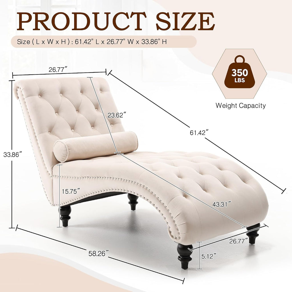 Chaise Lounge Chair Indoor, Modern Velvet Upholstered Sofa with Solid Wooden Leg and Lumbar Pillow, Button Tufted
