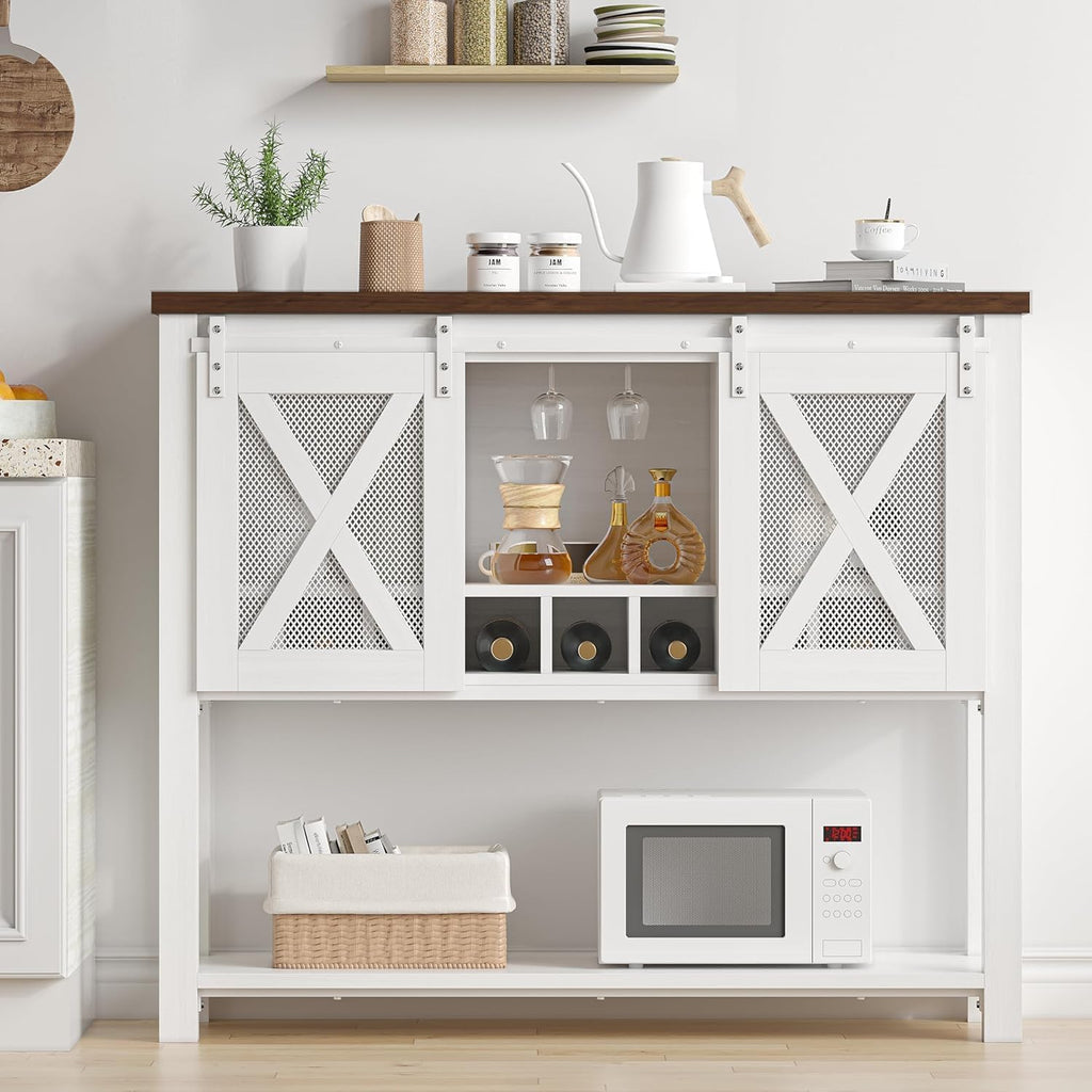 Wine Bar Cabinet with Storage - Sliding Barn Door Kitchen Buffet, Wood Sideboard Console with Wine Rack & Glass