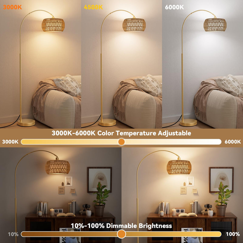 Boho Arc Floor Lamp, Color Temp and Brightness Adjustable, Gold