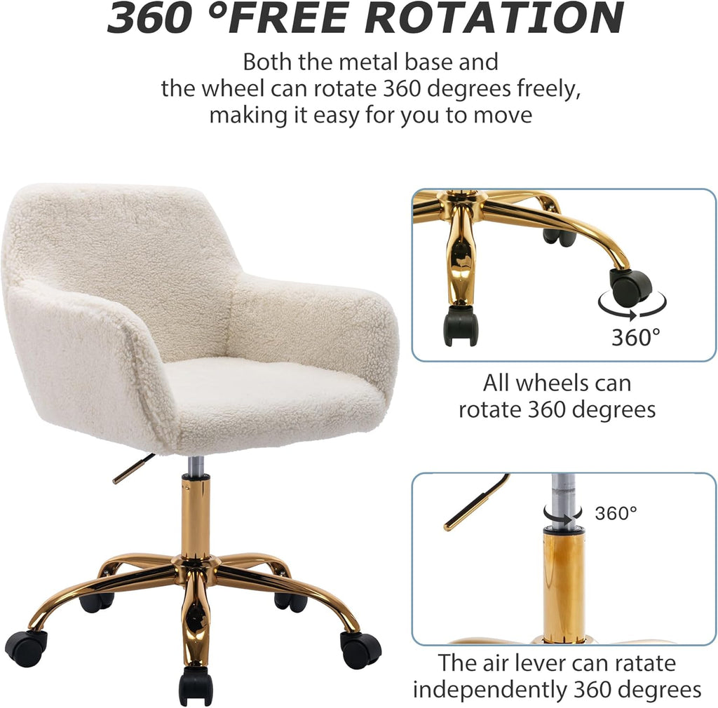 Faux Fur Office Desk Chair, Comfy Swivel Armchair with Wheels, Upholstered Fuzzy Vanity Chair, Adjustable Height, White