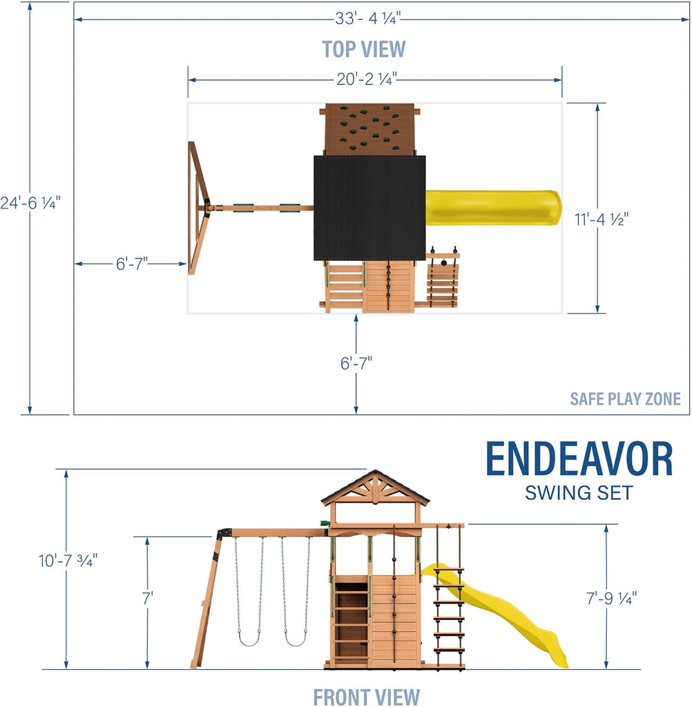 Endeavor II Cedar Wood Swing Set with Wave Slide, Play Deck, Double Rock Wall, Picnic Table, Climbing Wall, Belt