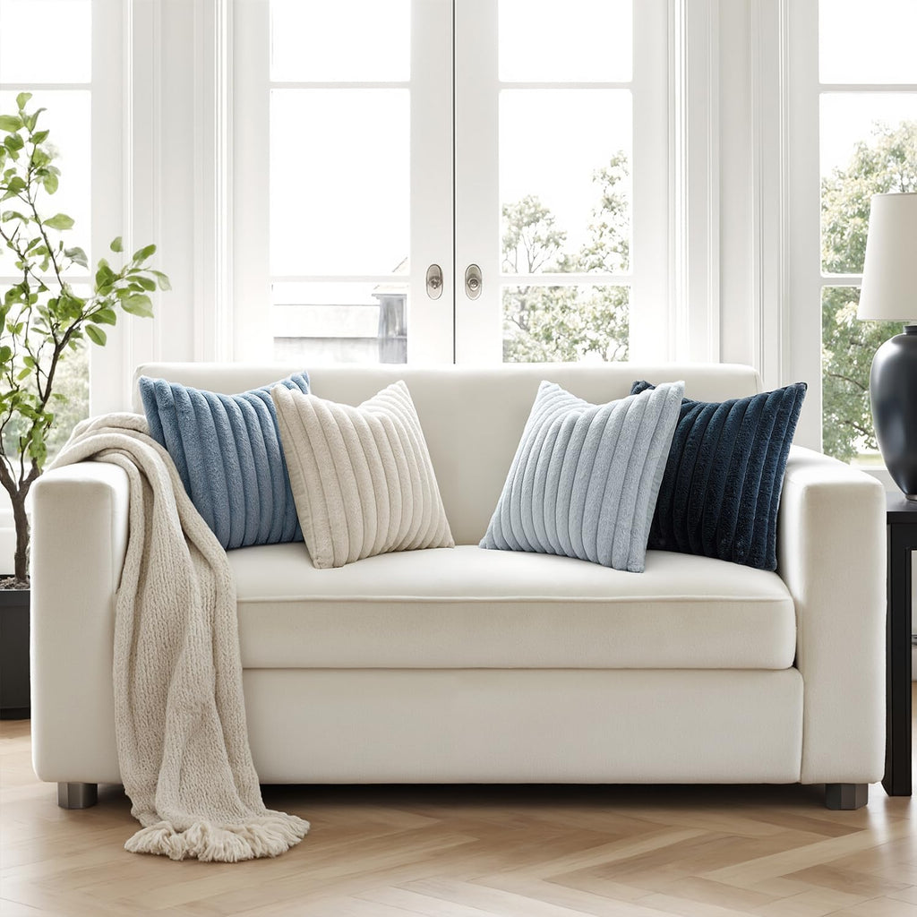 Faux Fur Plush Decorative Throw Pillow Covers 18x18 Set of 4, Summer Modern Soft Fuzzy Coastal Striped Cushion