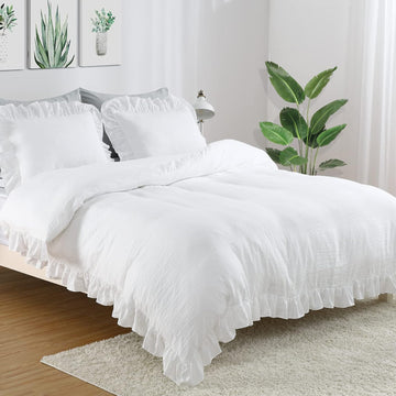 White Ruffle Duvet Cover, 3PCS Soft Washed Microfiber Vintage French Country Duvet Cover Set for Bed