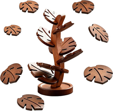 Tree Shape Wooden Trivet Set with Stand, Heat Resistant Coasters - Set of 7