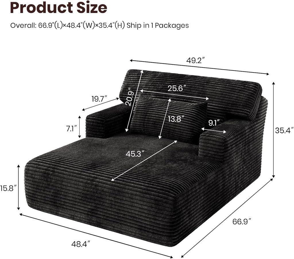 Oversized Corduroy Chaise Lounge Chair, Plush Upholstered Sleeper Chair with Back & Throw Pillow , No Assembly