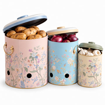 Metal Potato and Onion Storage Bin Set of 3 with Garlic Keeper - Vintage Metal Kitchen Canisters, Vegetable Storage