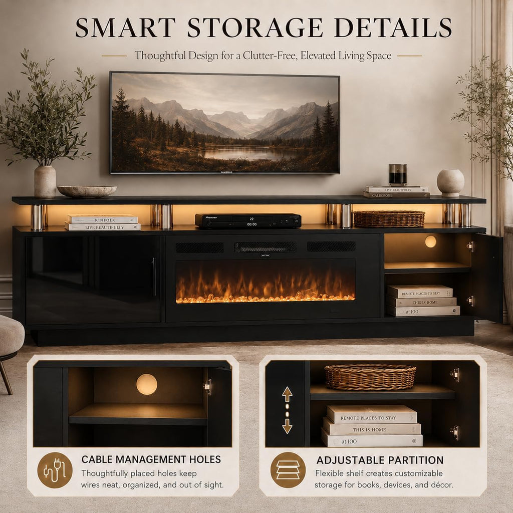 70" TV Stand for Living Room, Modern Entertainment Center & Media Console, Fits TVs up to 80", Storage Cabinet with Shelves, 36" Electric Fireplace with LED Flame (All Black)