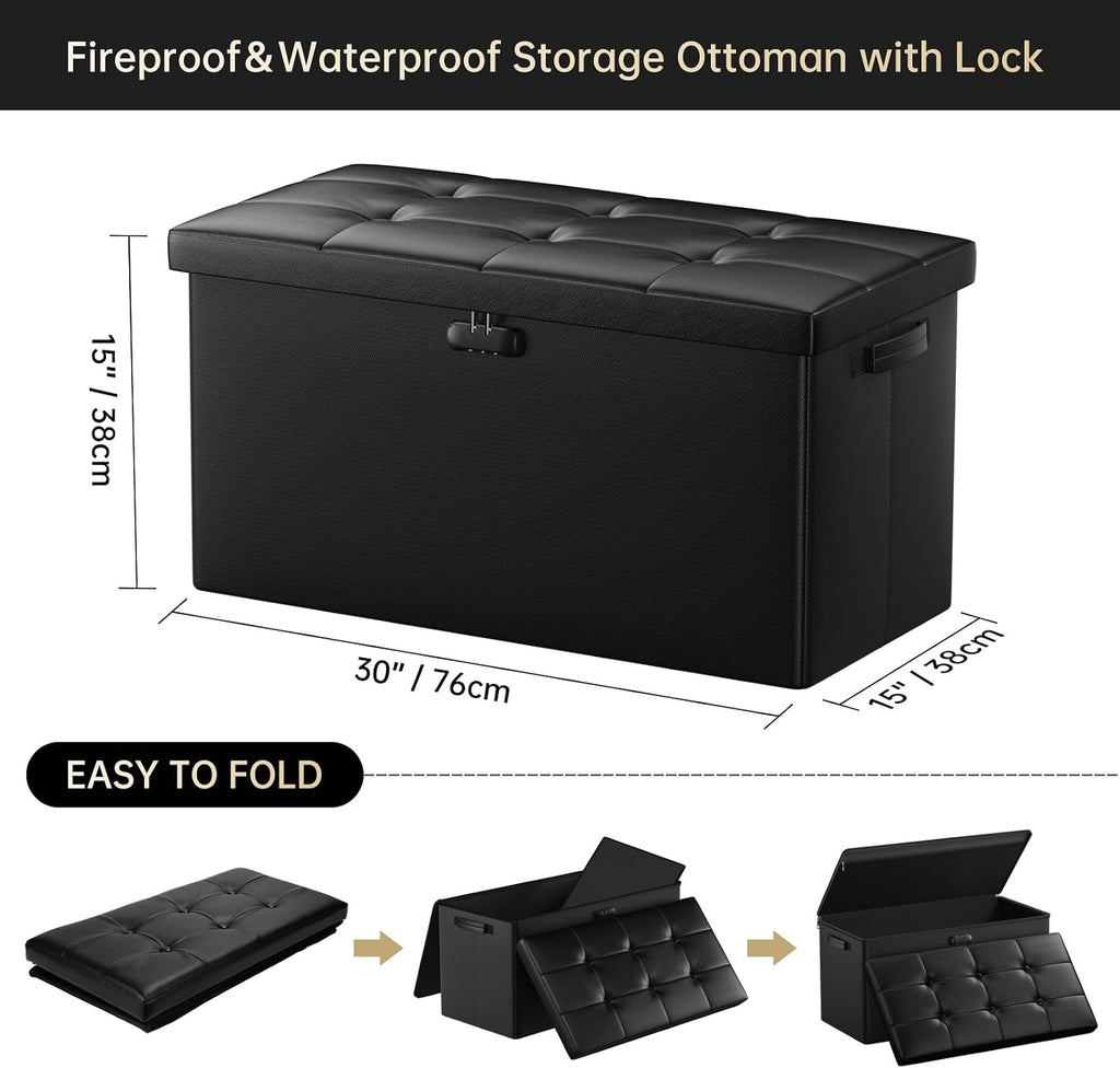 Storage Ottoman Bench with Lock,Fireproof 30 Inches Folding Bench Foot Rest Stool Storage Chest Safe ,Waterproof
