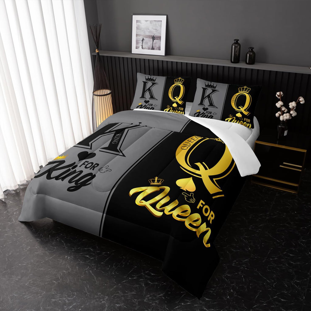 King and Queen Crown Comforter Set Black and Gray Couple Bedding Set，3Pcs Mr Mrs Comforter Set for Adults Couple Men