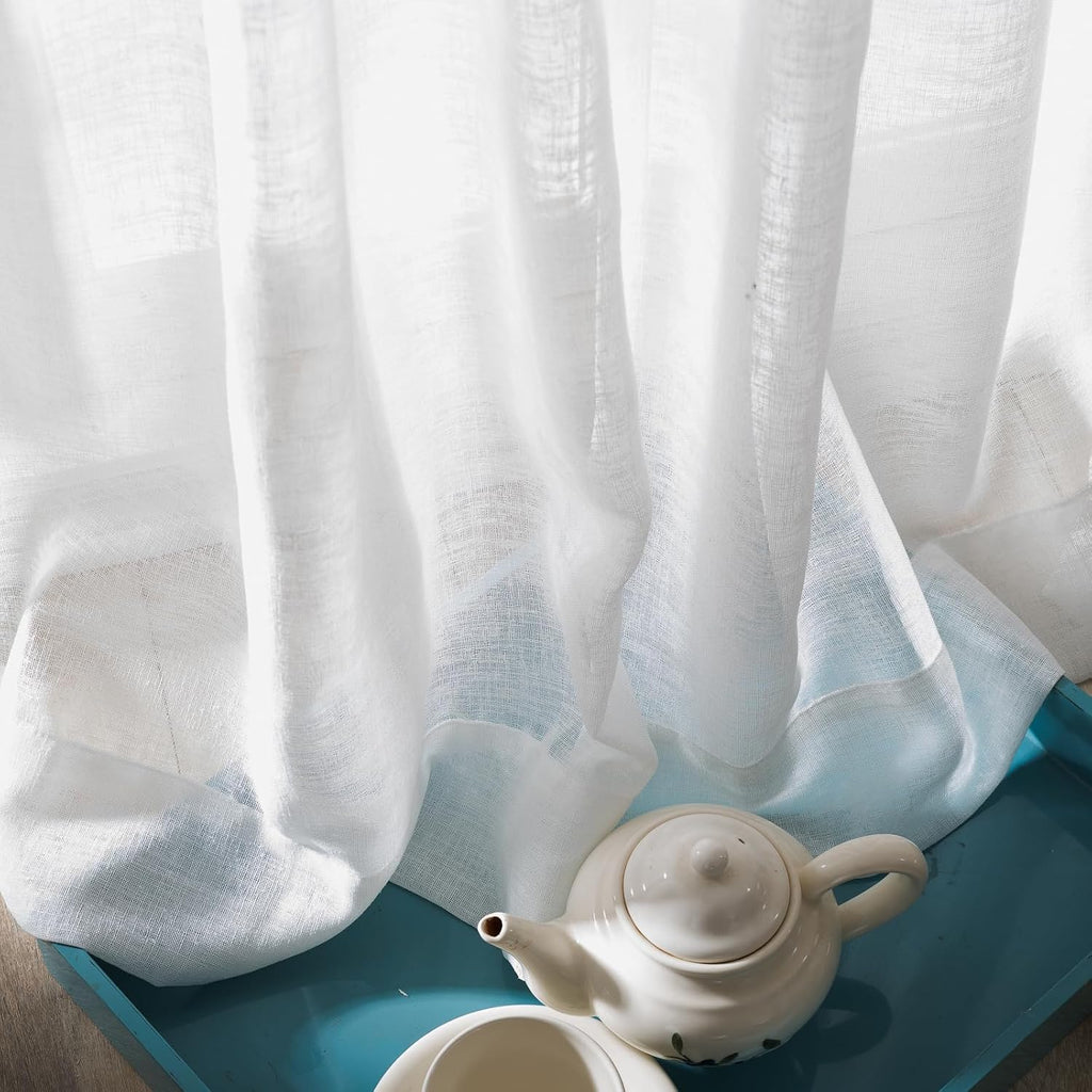 Window Sheer Curtains, White with Black Border Semi Pinch Pleated Sheer Curtains Panels Drapery