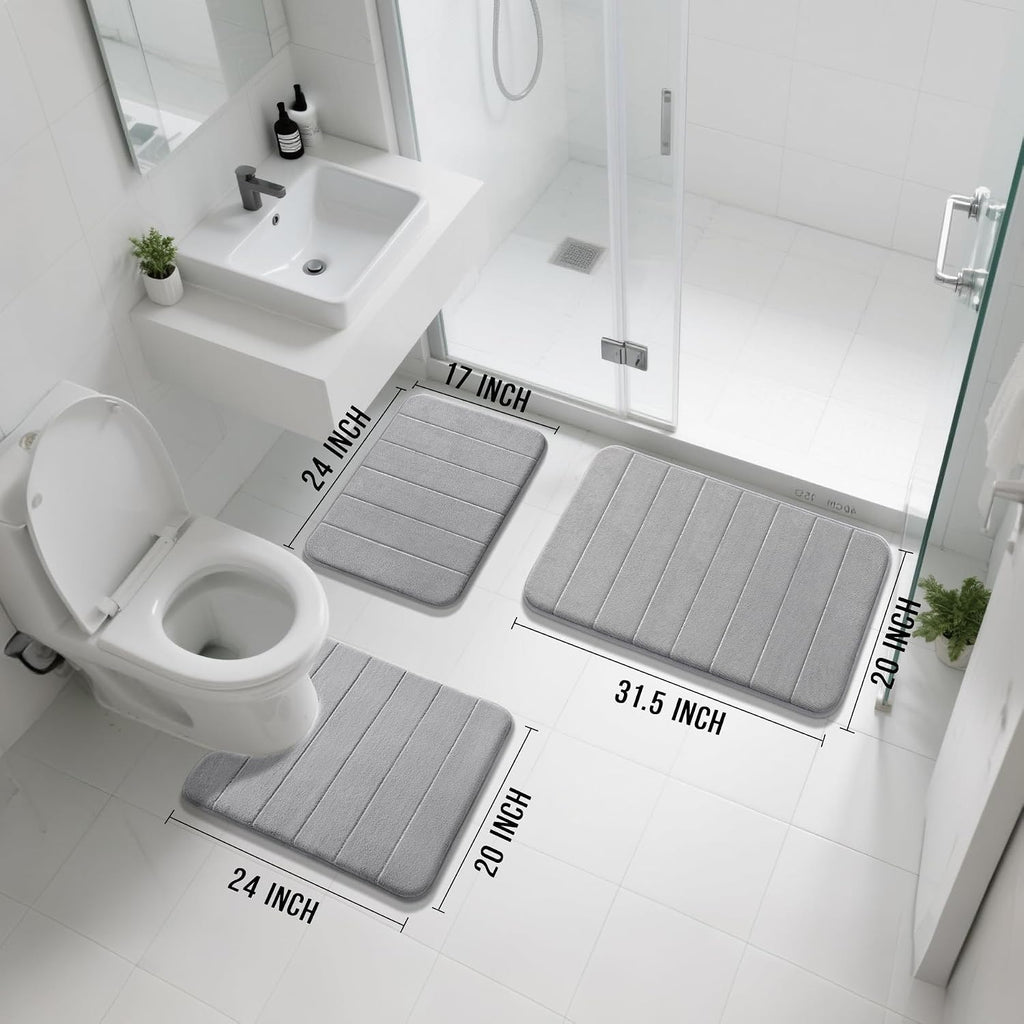 Memory Foam Bath Mat Set 3 Pieces- Super Soft Absorbent Quick Dry Bathroom Rug Sets, Machine Washable Non Slip Floor