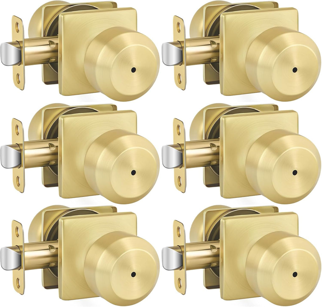 6 Pack Gold Door Knobs, Interior Door knobs, Privacy Door Knob or Bathroom, Brushed Gold Door Knob