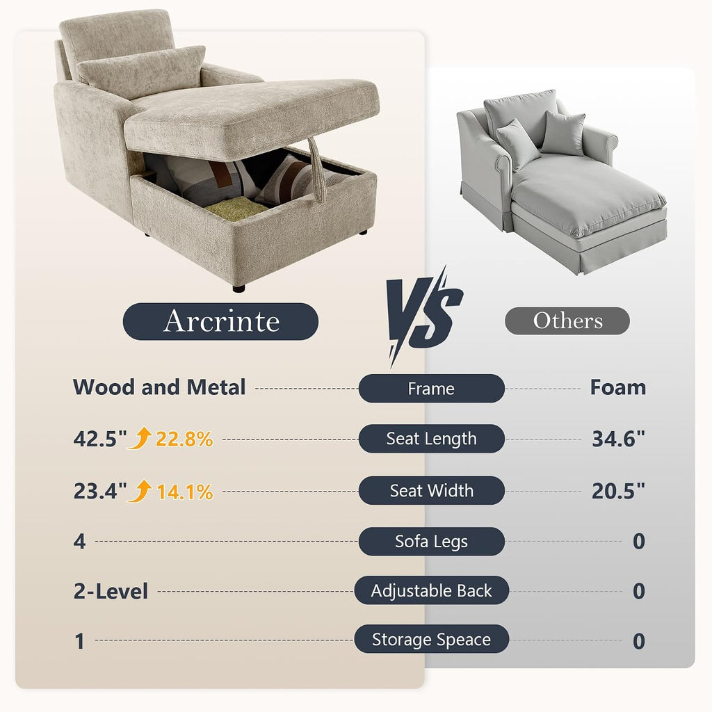 58" Oversized Chaise Lounge Chair with Storage, Chenille Camel | Adjustable Backrest, 2 Back Pillows, Comfy Reading