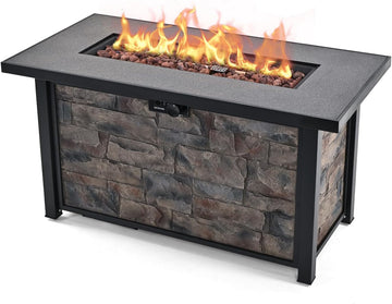 48 Inch Rectangular Propane Fire Pit Table, 50000 BTU, Metal Top | Stone-look Panels, with Metal Lid, Lava Rocks &
