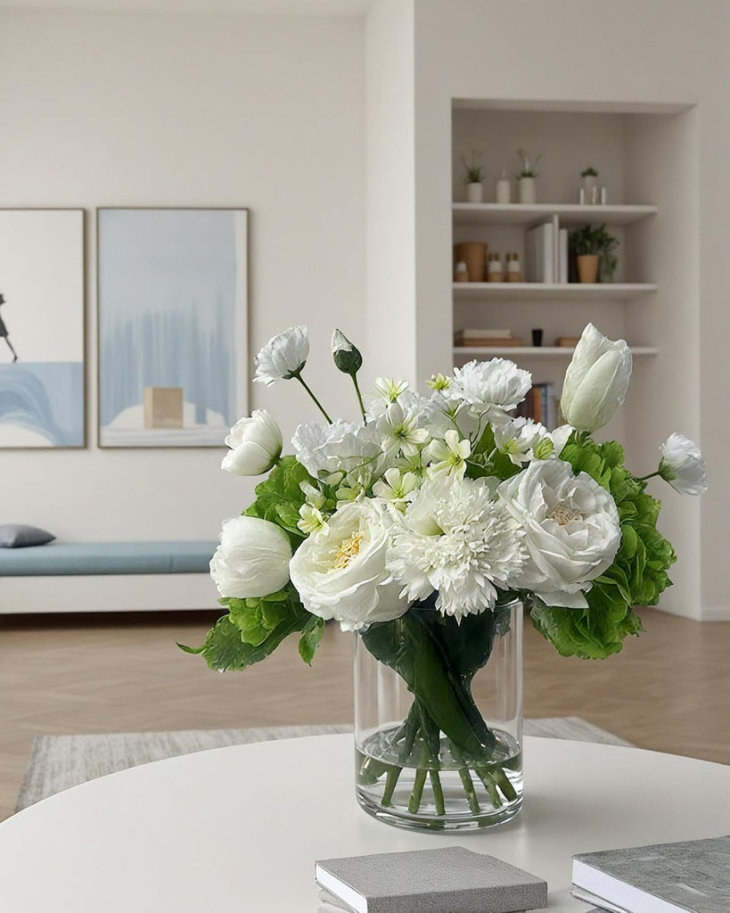 Artificial Flower Arrangement in Glass Vase with Realistic Fixed Water - Lifelike Roses, Hydrangeas, Tulips &