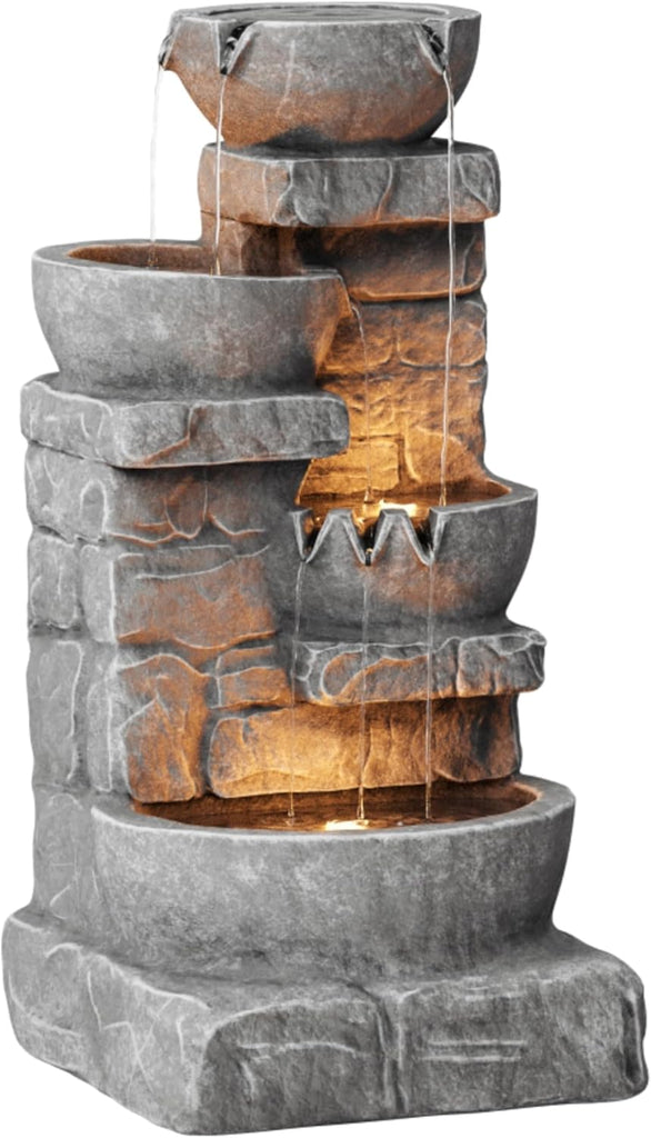 33" Outdoor Water Fountain with LED Lights, 3-Tier Cascading Bowls, Weather-Resistant Resin Garden Water Feature
