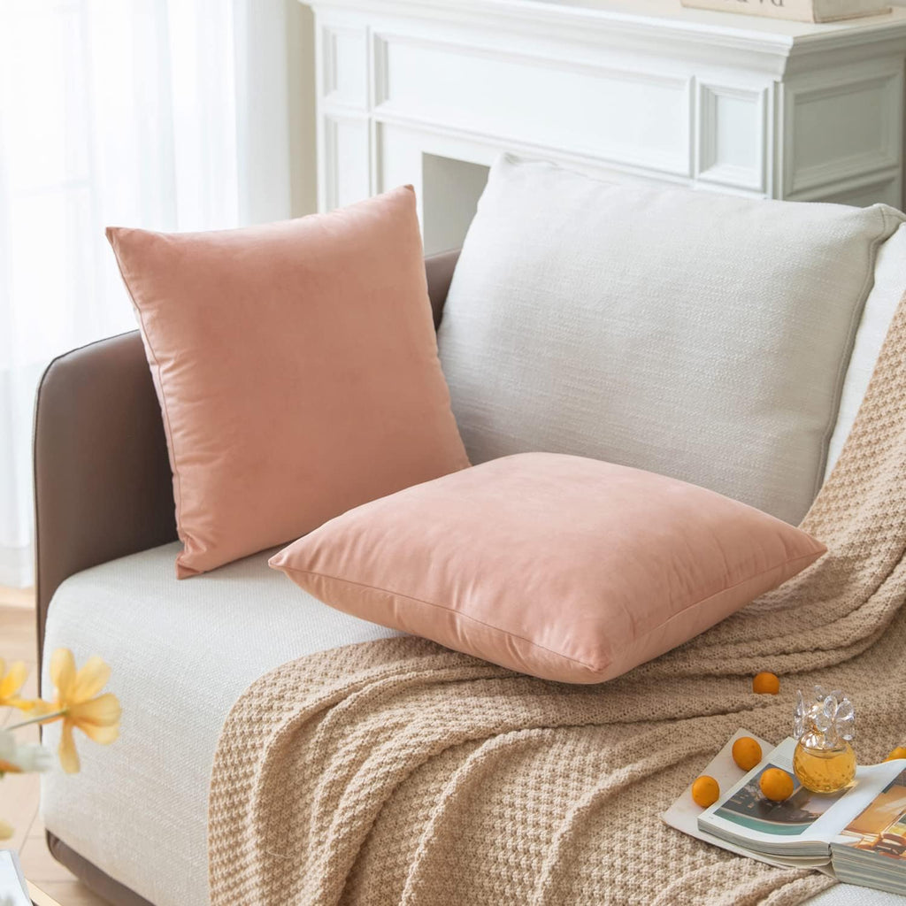 Set of 2 Dusty Rose Colored Solid Velvet Throw Pillow Covers, Cozy Soft Accent Pillow Cases