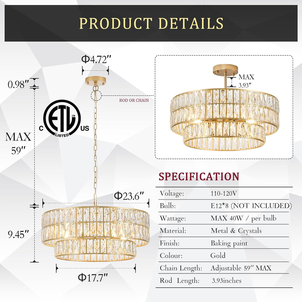 24'' Modern Crystal Chandelier 8-Lights Luxury Gold Semi Flush Mount Ceiling Light Fixtures Round Crystal Pendant