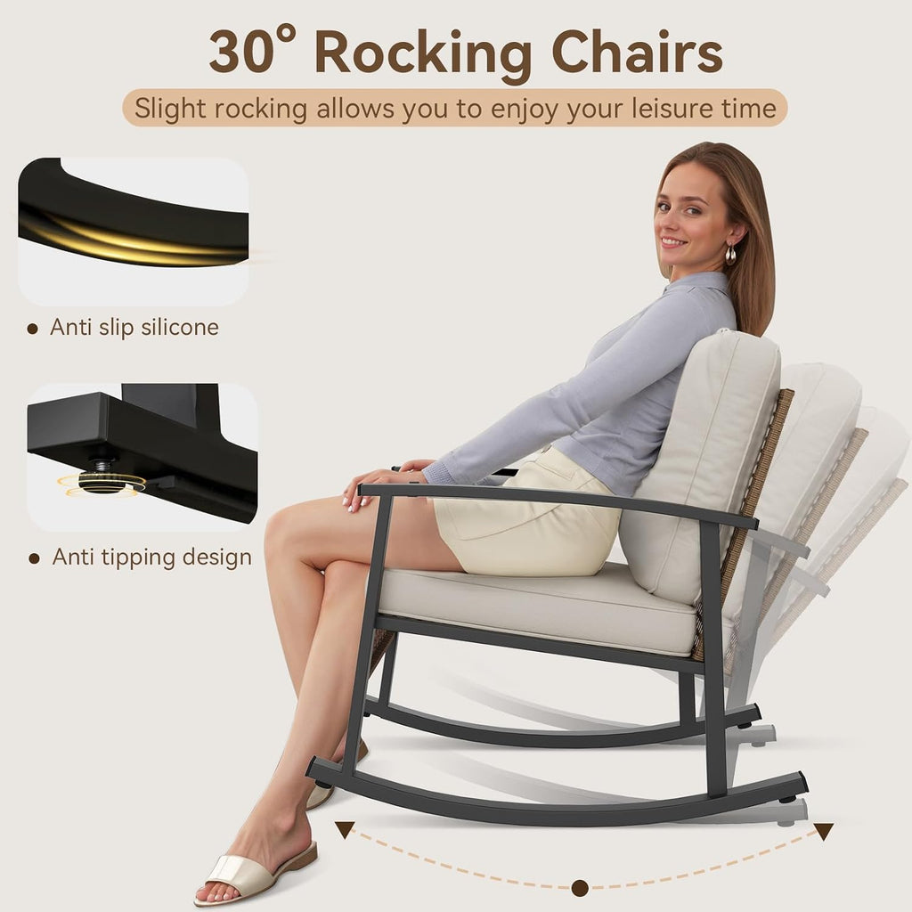 3-Piece Outdoor Rocking Bistro Set, Patio Furniture Set with Coffee Table and Thick Cushions, Wicker Rocking Chairs