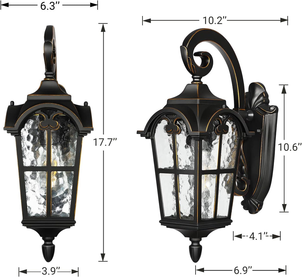Outdoor Wall Light Fixtures, Black Roman 17.7" H Exterior Wall Lantern, Anti-Rust & Waterproof, Water Ripple Glass