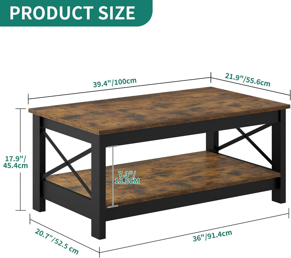 Coffee Tables, Modern Farmhouse Coffee Table with Storage, 2-Tier Center Table Wood Table Accent Cocktail with Stur...