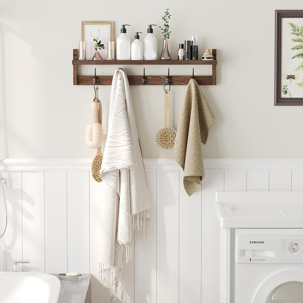 28.9 Inch Length Shelf with Hooks Entryway Coat Rack Wall Mount Wood Coat Hooks with Shelf Wall-Mounted Coat Hook